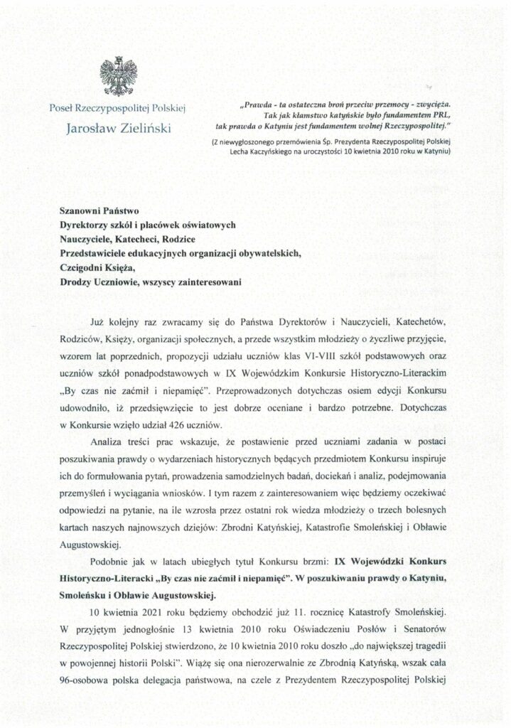 List posła Jarosława Zielińskiego 1